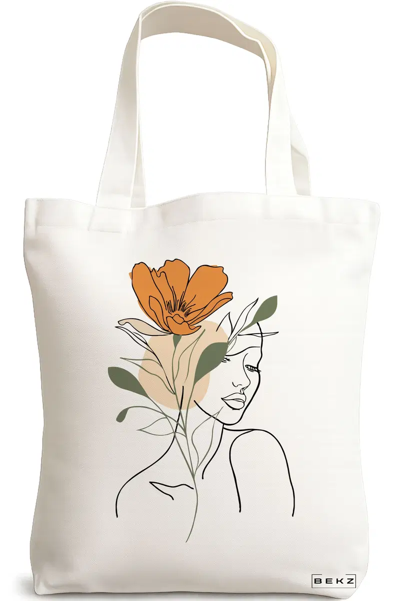 Sacosa Cumparaturi Textila, Geanta Tote, Flower Lady 1, 38x34.5 cm, Alba, BEKZ®