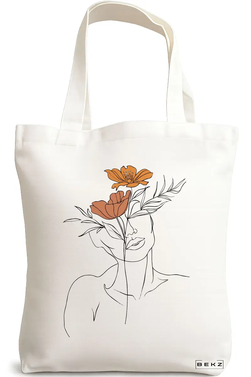 Sacosa Cumparaturi Textila, Geanta Tote, Flower Lady 2, 38x34.5 cm, Alba, BEKZ®