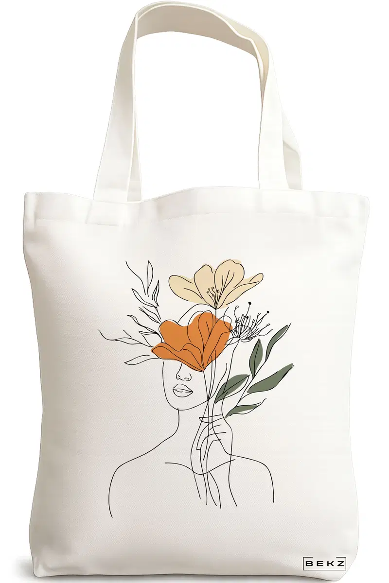Sacosa Cumparaturi Textila, Geanta Tote, Flower Lady 3, 38x34.5 cm, Alba, BEKZ®