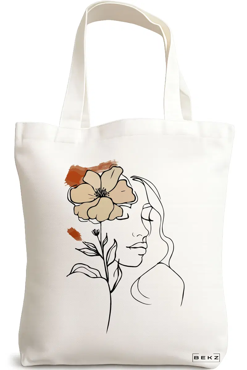 Sacosa Cumparaturi Textila, Geanta Tote, Flower Lady 5, 38x34.5 cm, Alba, BEKZ®