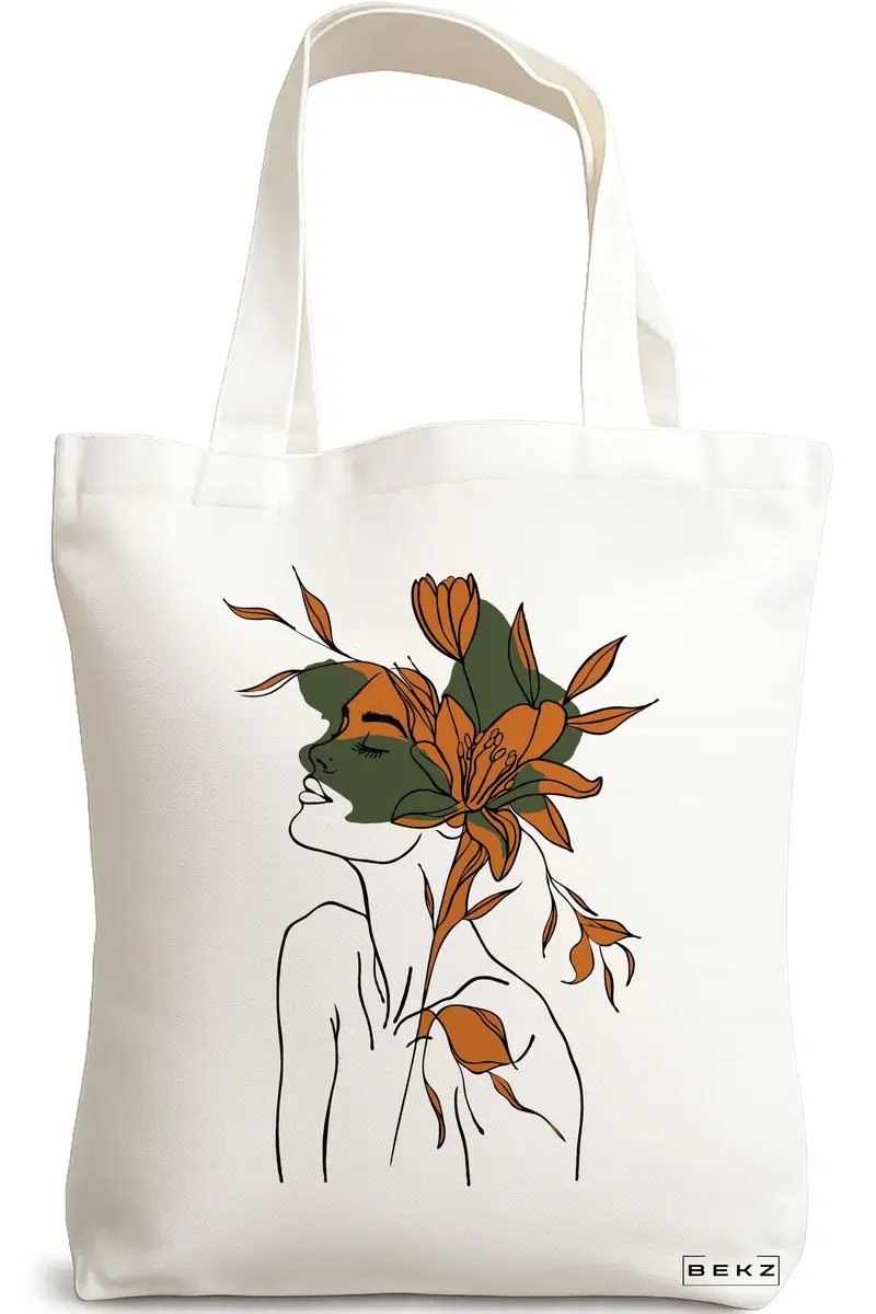 Sacosa Cumparaturi Textila, Geanta Tote, Flower Lady 6, 38x34.5 cm, Alba, BEKZ®