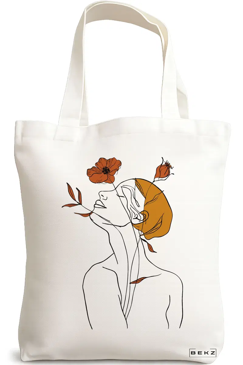 Sacosa Cumparaturi Textila, Geanta Tote, Flower Lady 8, 38x34.5 cm, Alba, BEKZ®