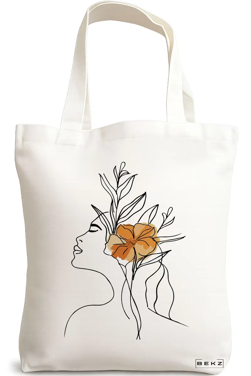 Sacosa Cumparaturi Textila, Geanta Tote, Flower Lady 9, 38x34.5 cm, Alba, BEKZ®