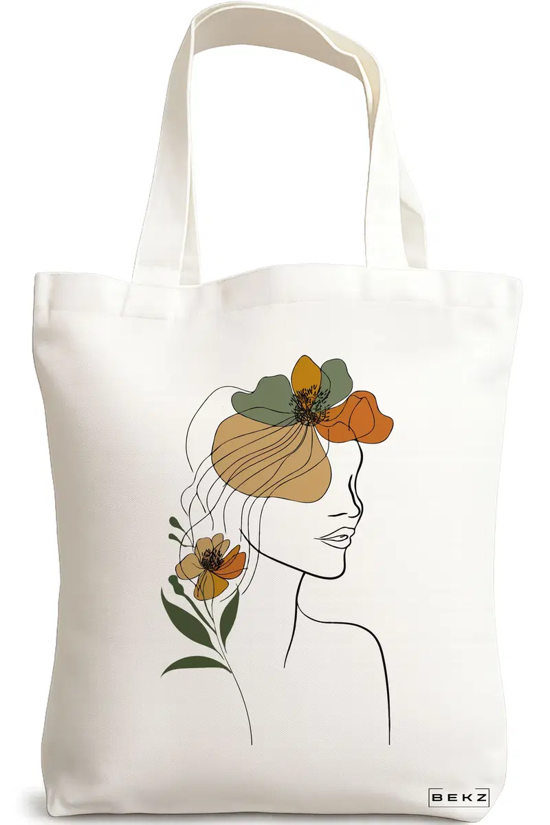 Sacosa Cumparaturi Textila, Geanta Tote, Flower Lady 11, 38x34.5 cm, Alba, BEKZ®