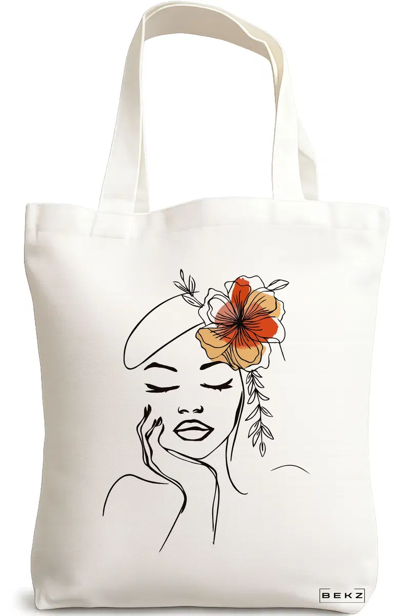 Sacosa Cumparaturi Textila, Geanta Tote, Flower Lady 13, 38x34.5 cm, Alba, BEKZ®