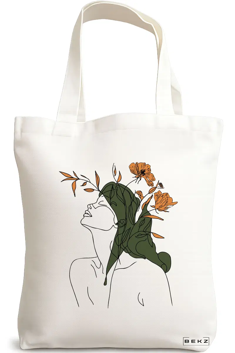 Sacosa Cumparaturi Textila, Geanta Tote, Flower Lady 14, 38x34.5 cm, Alba, BEKZ®