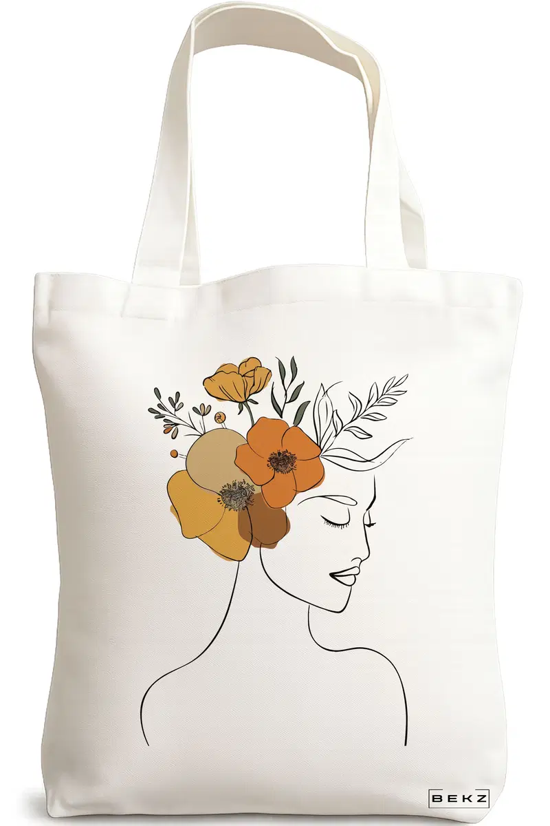 Sacosa Cumparaturi Textila, Geanta Tote, Flower Lady 16, 38x34.5 cm, Alba, BEKZ®
