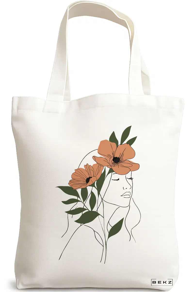 Sacosa Cumparaturi Textila, Geanta Tote, Flower Lady 18, 38x34.5 cm, Alba, BEKZ®
