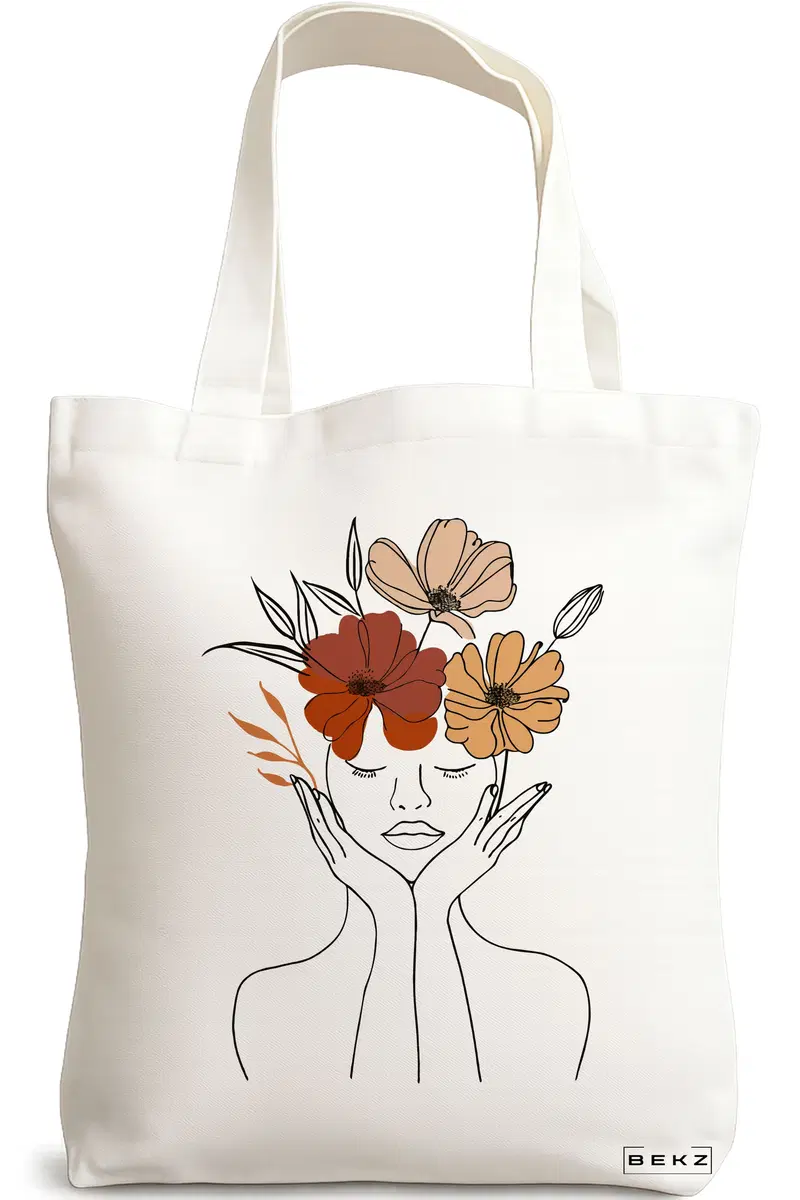 Sacosa Cumparaturi Textila, Geanta Tote, Flower Lady 19, 38x34.5 cm, Alba, BEKZ®