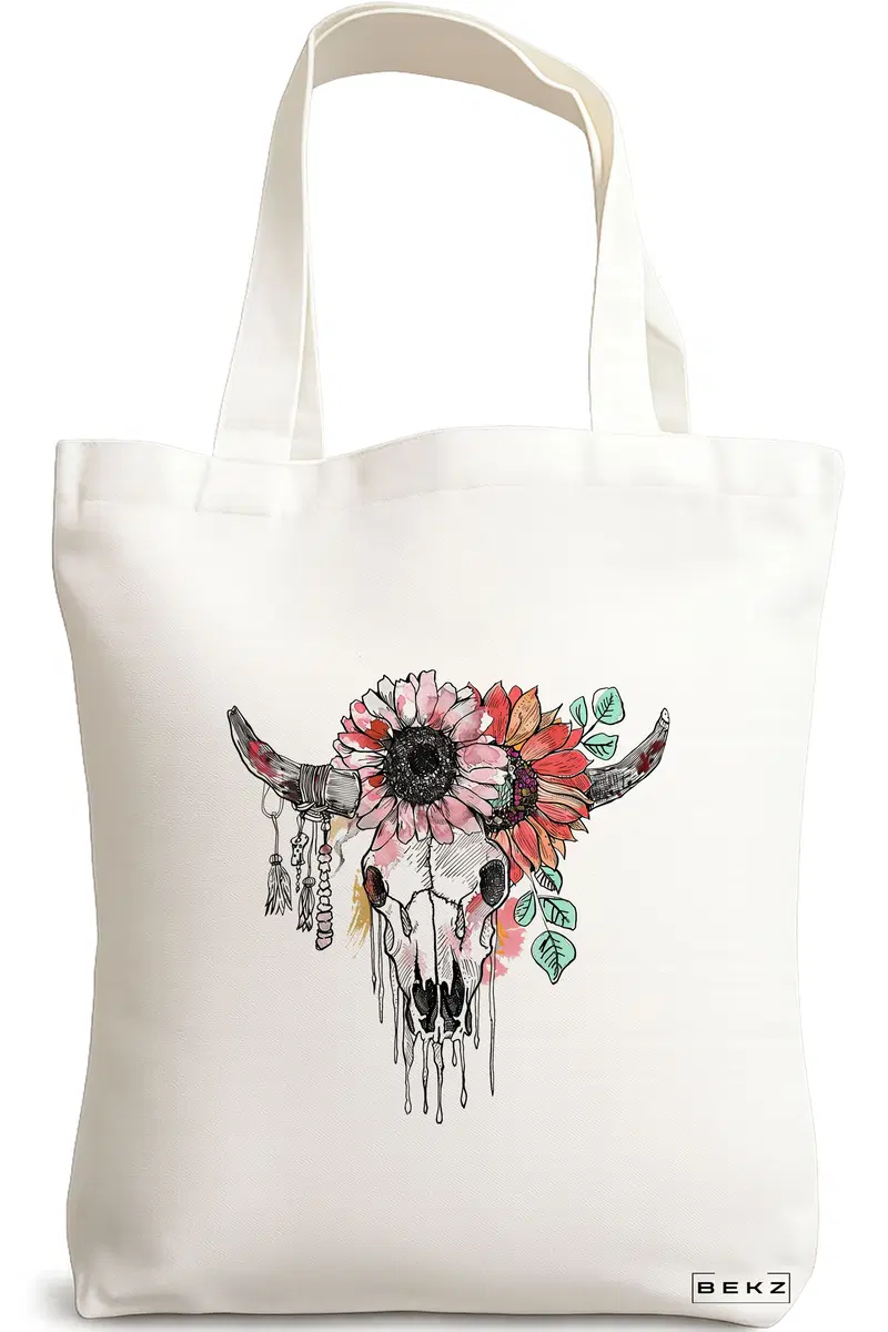 Sacosa Cumparaturi Textila, Geanta Tote, Cu Design Floral, 38x34.5 cm, Alba, BEKZ®
