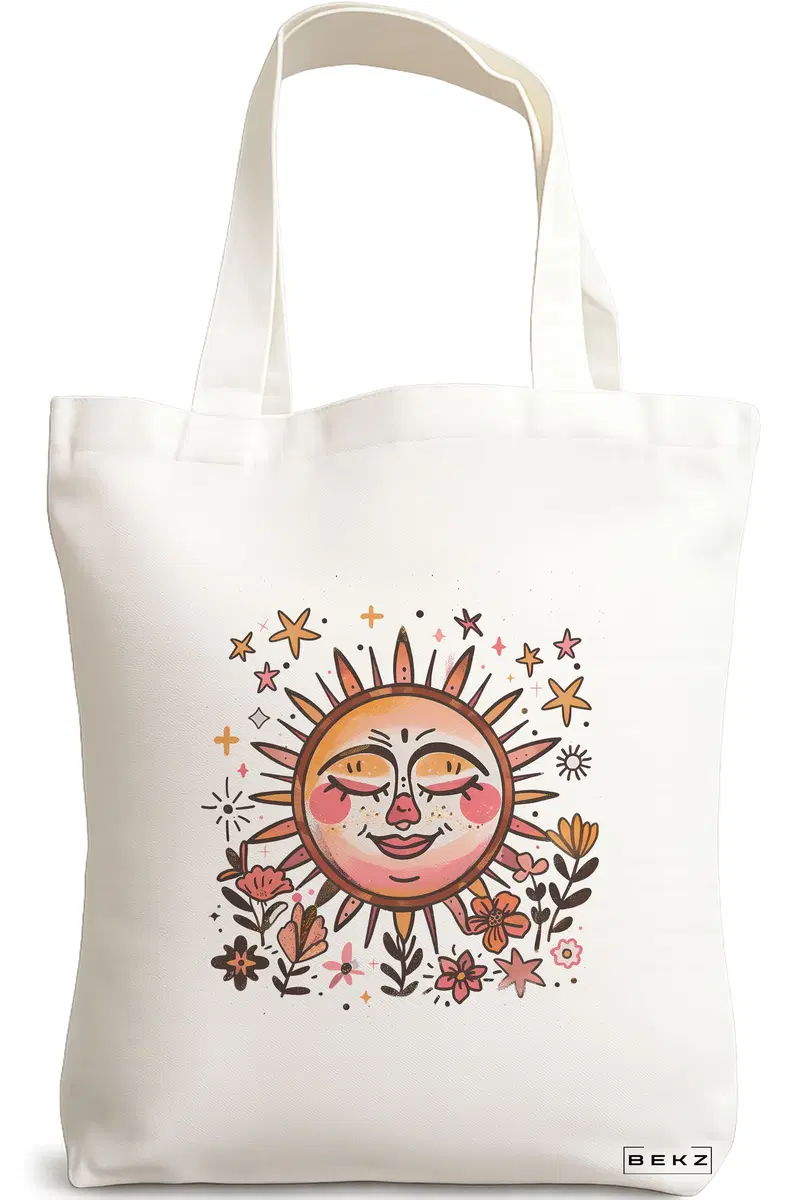 Sacosa Cumparaturi Textila, Geanta Tote Happy Sun, 38x34.5 cm, Alba, BEKZ®