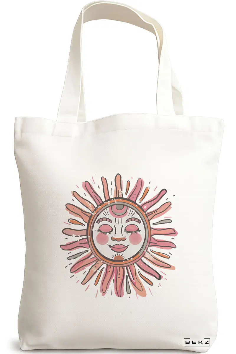 Sacosa Cumparaturi Textila, Geanta Tote Happy Sun 2, 38x34.5 cm, Alba, BEKZ®
