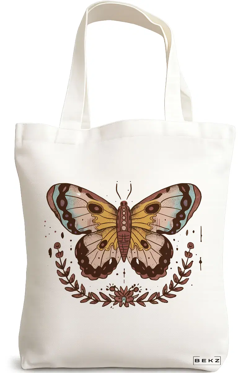 Sacosa Cumparaturi Textila, Geanta Tote Brown Butterfly, 38x34.5 cm, Alba, BEKZ®