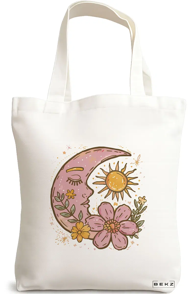 Sacosa Cumparaturi Textila, Geanta Tote Sunny Moon, 38x34.5 cm, Alba, BEKZ®
