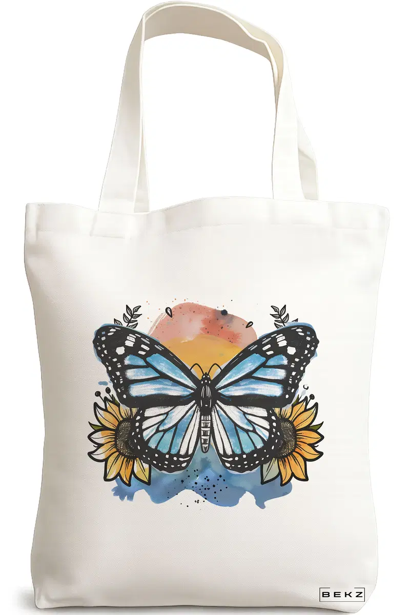 Sacosa Cumparaturi Textila, Geanta Tote Blue Butterfly, 38x34.5 cm, Alba, BEKZ®