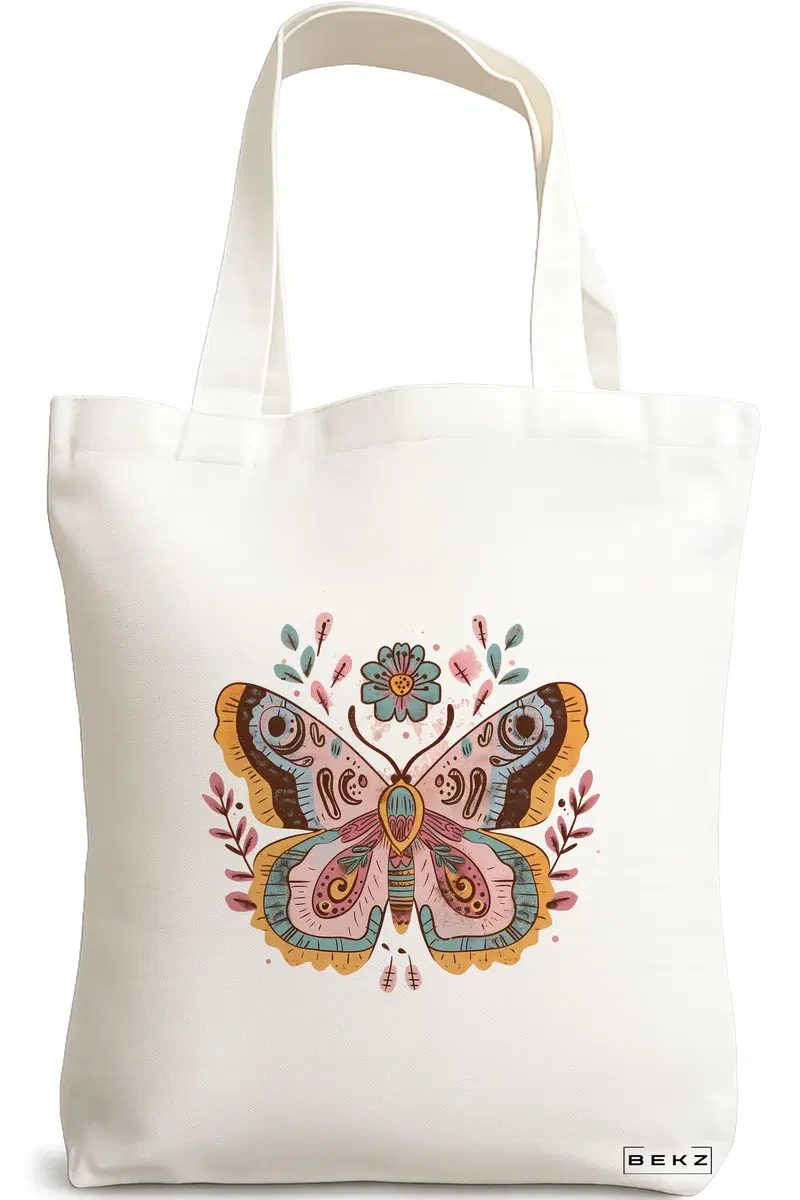Sacosa Cumparaturi Textila, Geanta Tote Flower Butterfly, 38x34.5 cm, Alba, BEKZ®