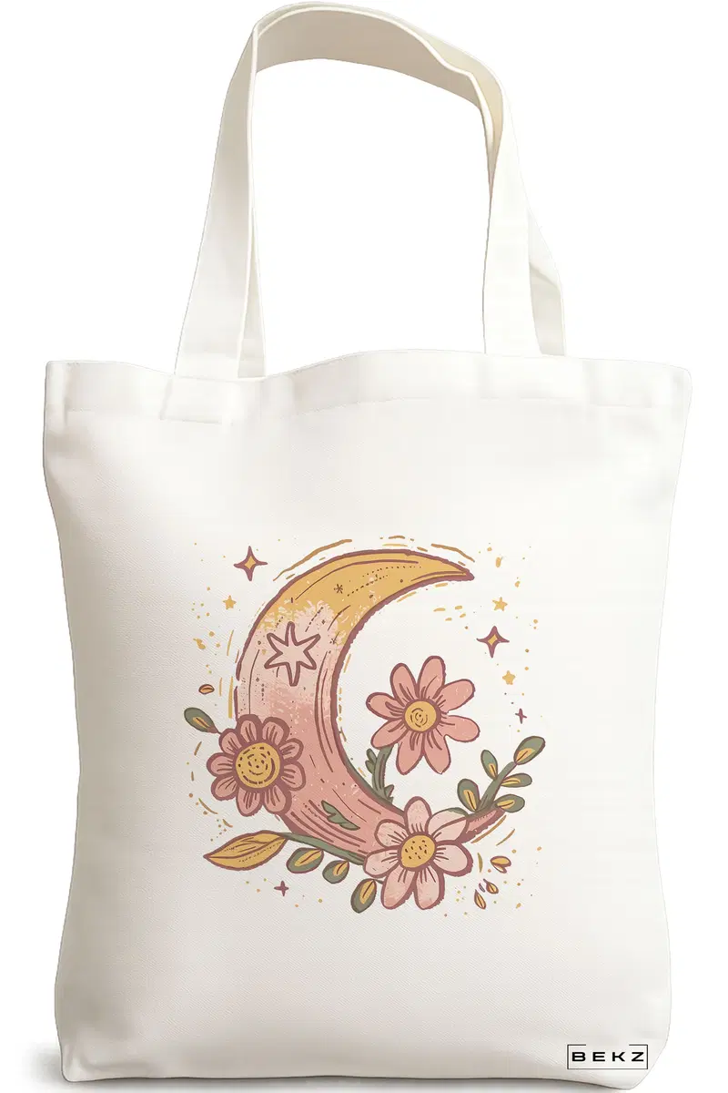 Sacosa Cumparaturi Textila, Geanta Tote Moon Flower, 38x34.5 cm, Alba, BEKZ®