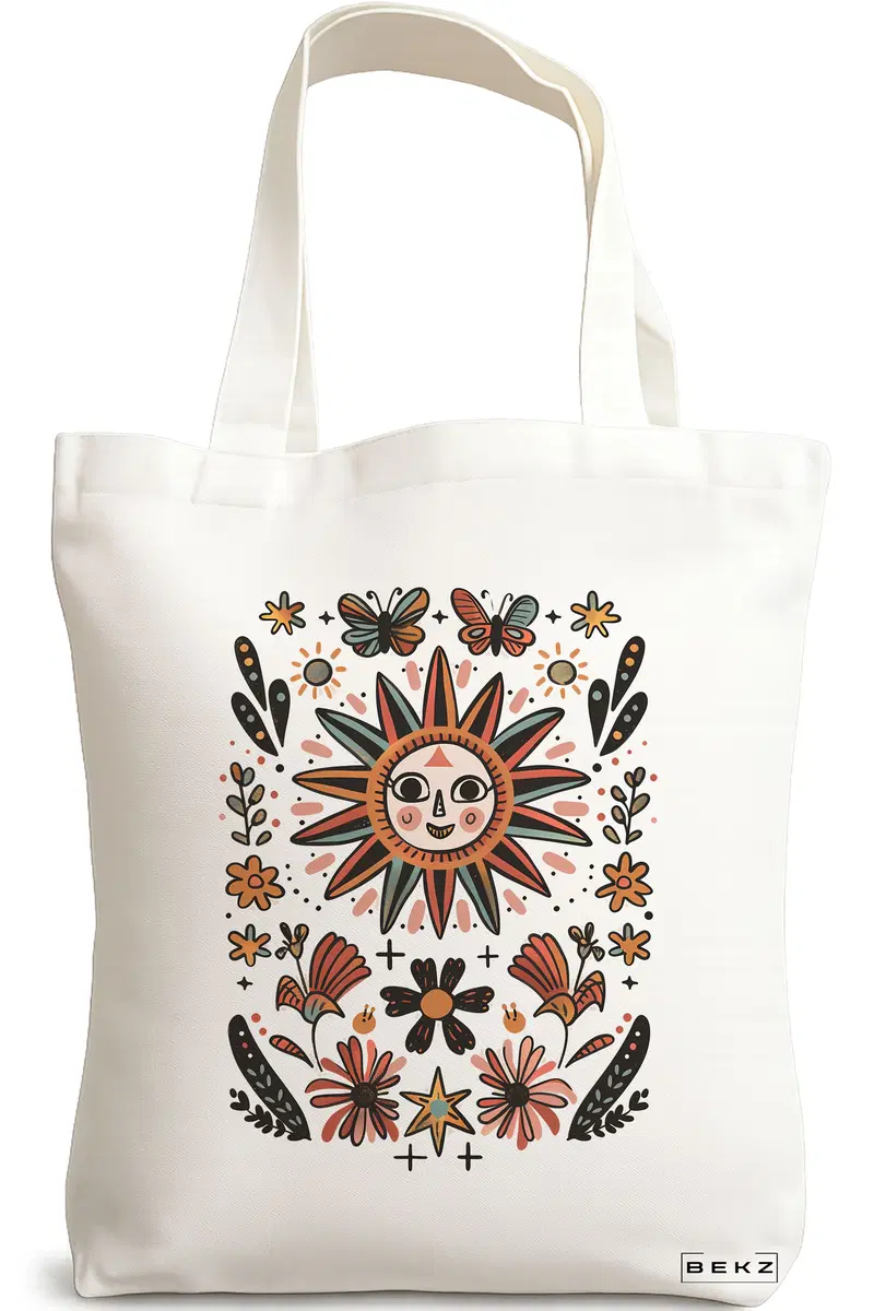 Sacosa Cumparaturi Textila, Geanta Tote Happy Sun 3, 38x34.5 cm, Alba, BEKZ®