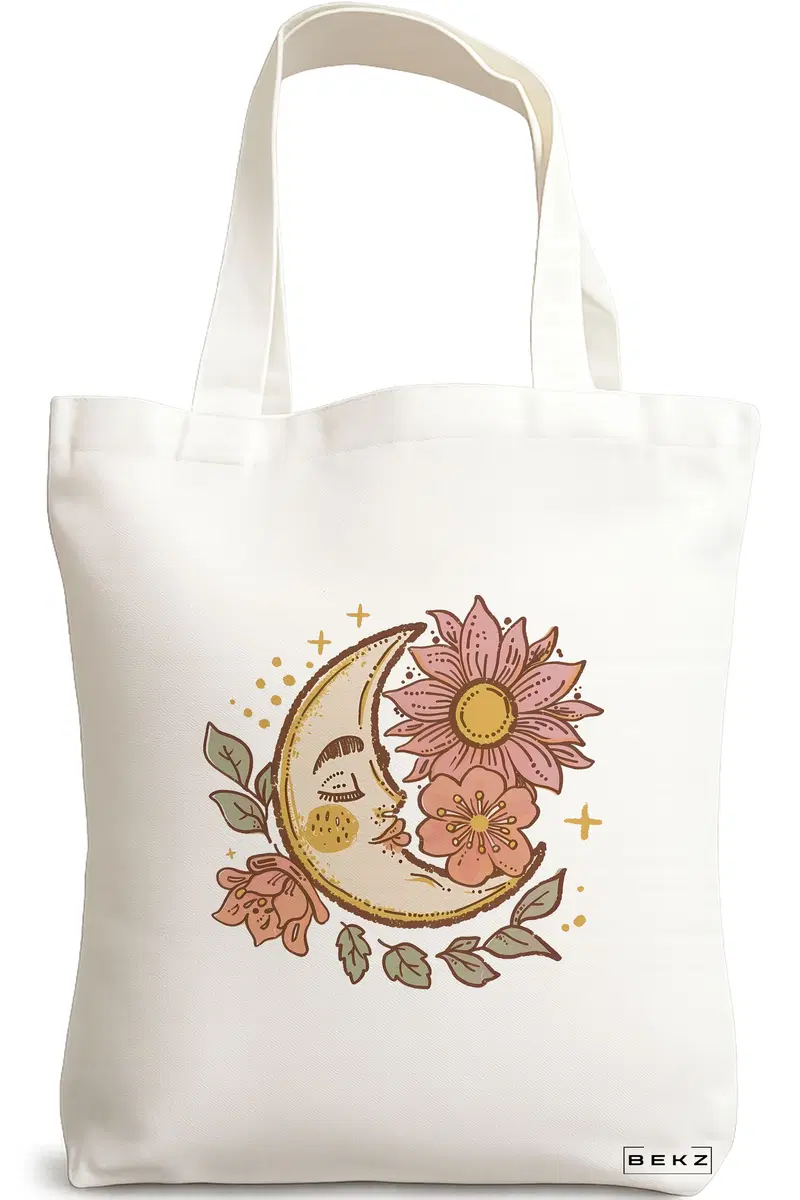 Sacosa Cumparaturi Textila, Geanta Tote Moon Flowers, 38x34.5 cm, Alba, BEKZ®