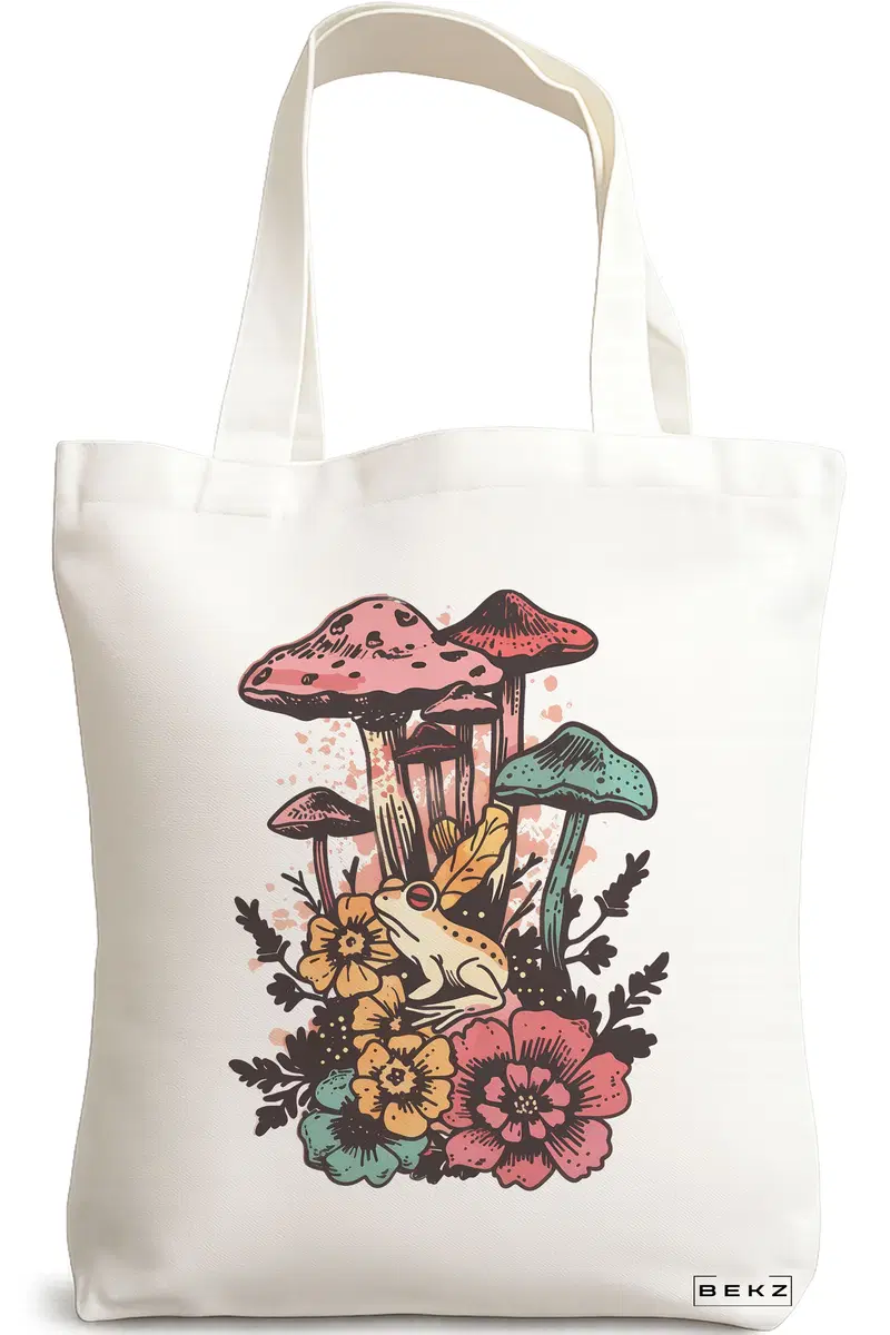 Sacosa Cumparaturi Textila, Geanta Tote Colorful Mushrooms, 38x34.5 cm, Alba, BEKZ®