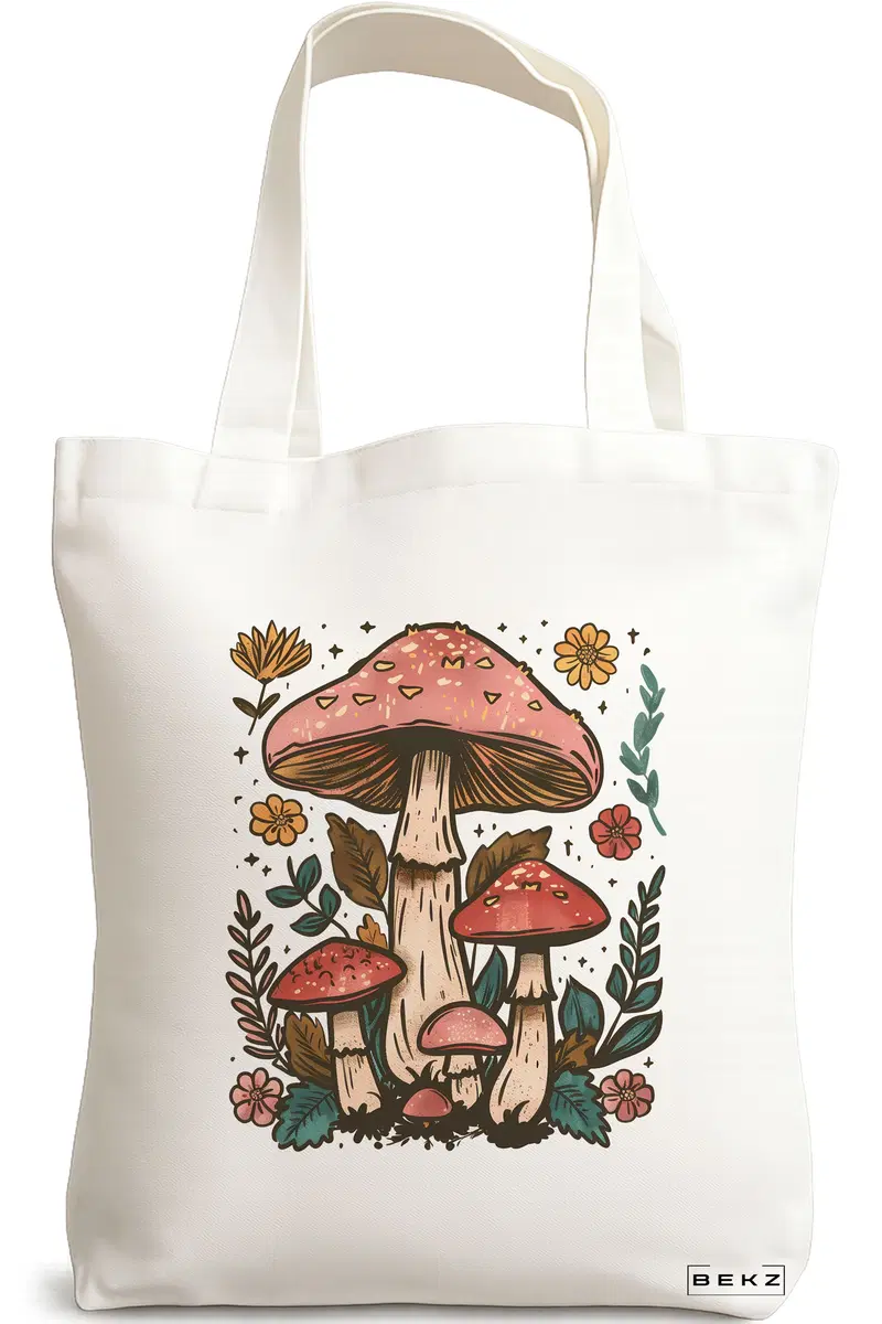 Sacosa Cumparaturi Textila, Geanta Tote Colorful Mushrooms 2, 38x34.5 cm, Alba, BEKZ®