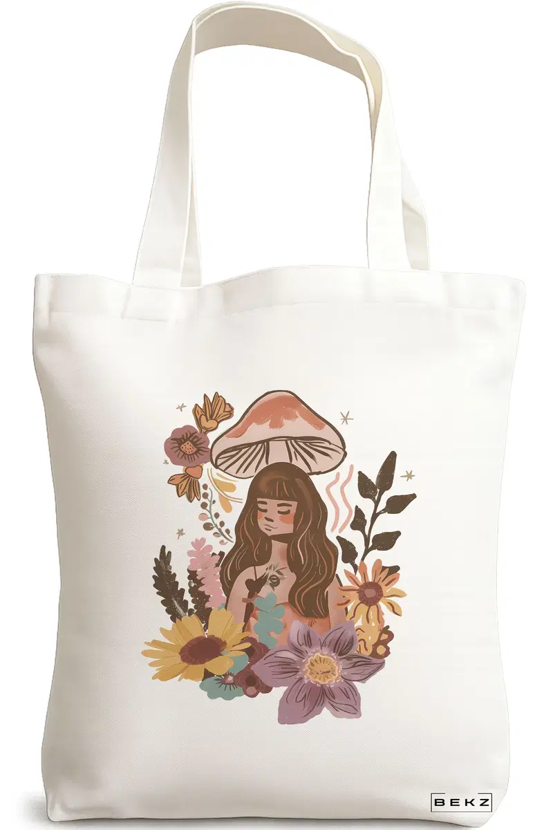 Sacosa Cumparaturi Textila, Geanta Tote Colorful Mushrooms 3, 38x34.5 cm, Alba, BEKZ®