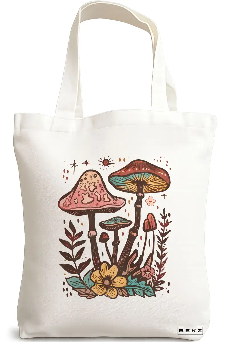 Sacosa Cumparaturi Textila, Geanta Tote Colorful Mushrooms 4, 38x34.5 cm, Alba, BEKZ®