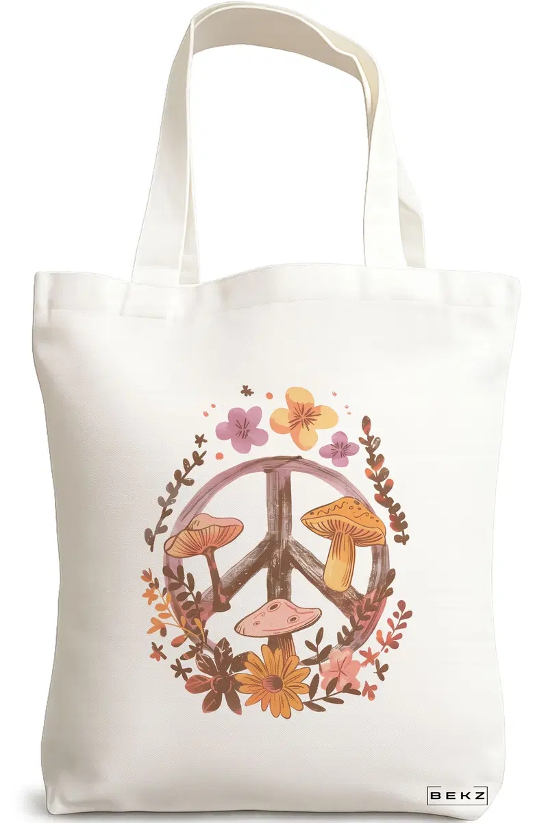 Sacosa Cumparaturi Textila, Geanta Tote Colorful Mushrooms 5, 38x34.5 cm, Alba, BEKZ®