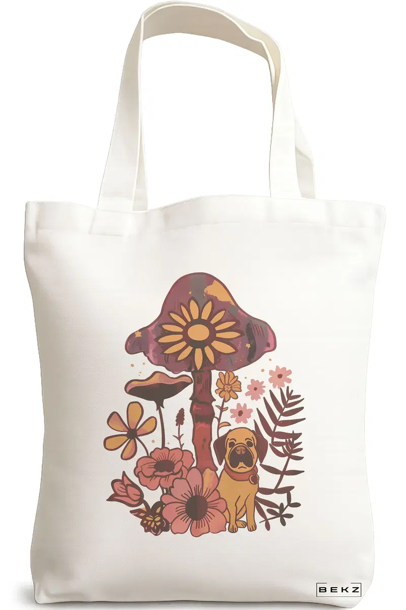 Sacosa Cumparaturi Textila, Geanta Tote Colorful Mushrooms 6, 38x34.5 cm, Alba, BEKZ®