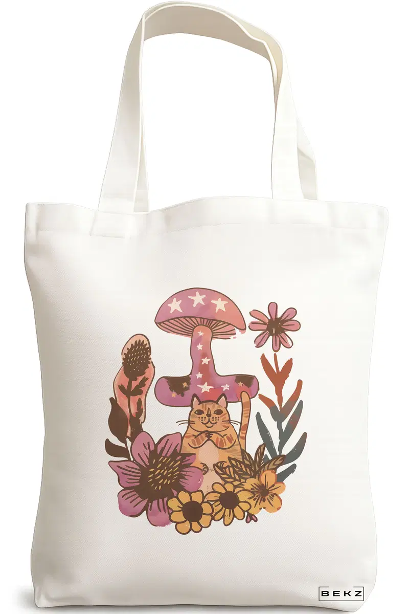 Sacosa Cumparaturi Textila, Geanta Tote Colorful Mushrooms 7, 38x34.5 cm, Alba, BEKZ®