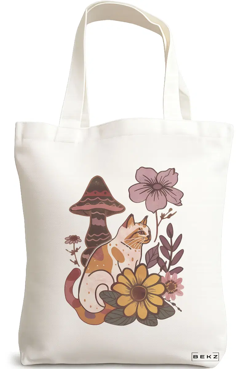 Sacosa Cumparaturi Textila, Geanta Tote Colorful Mushrooms 8, 38x34.5 cm, Alba, BEKZ®