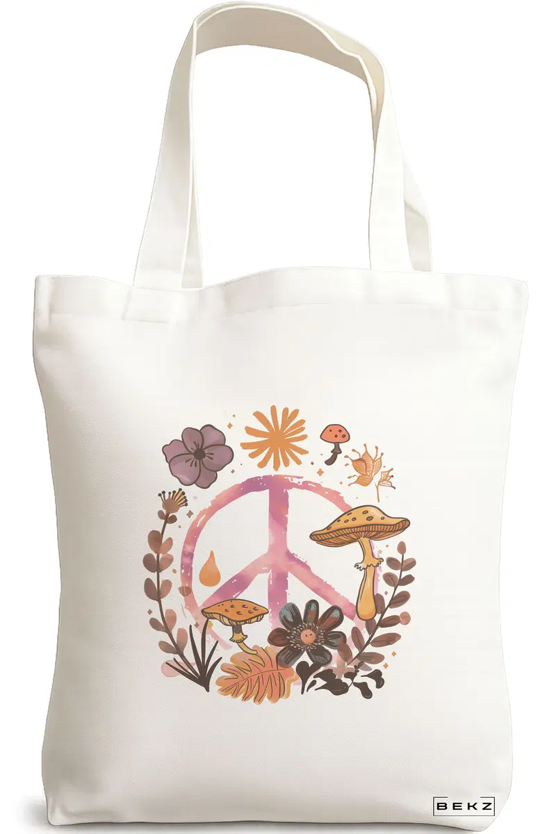 Sacosa Cumparaturi Textila, Geanta Tote Colorful Mushrooms 9, 38x34.5 cm, Alba, BEKZ®