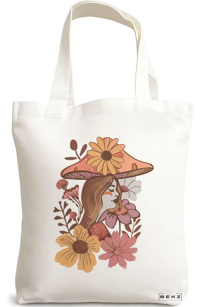 Sacosa Cumparaturi Textila, Geanta Tote Colorful Mushrooms 10, 38x34.5 cm, Alba, BEKZ®