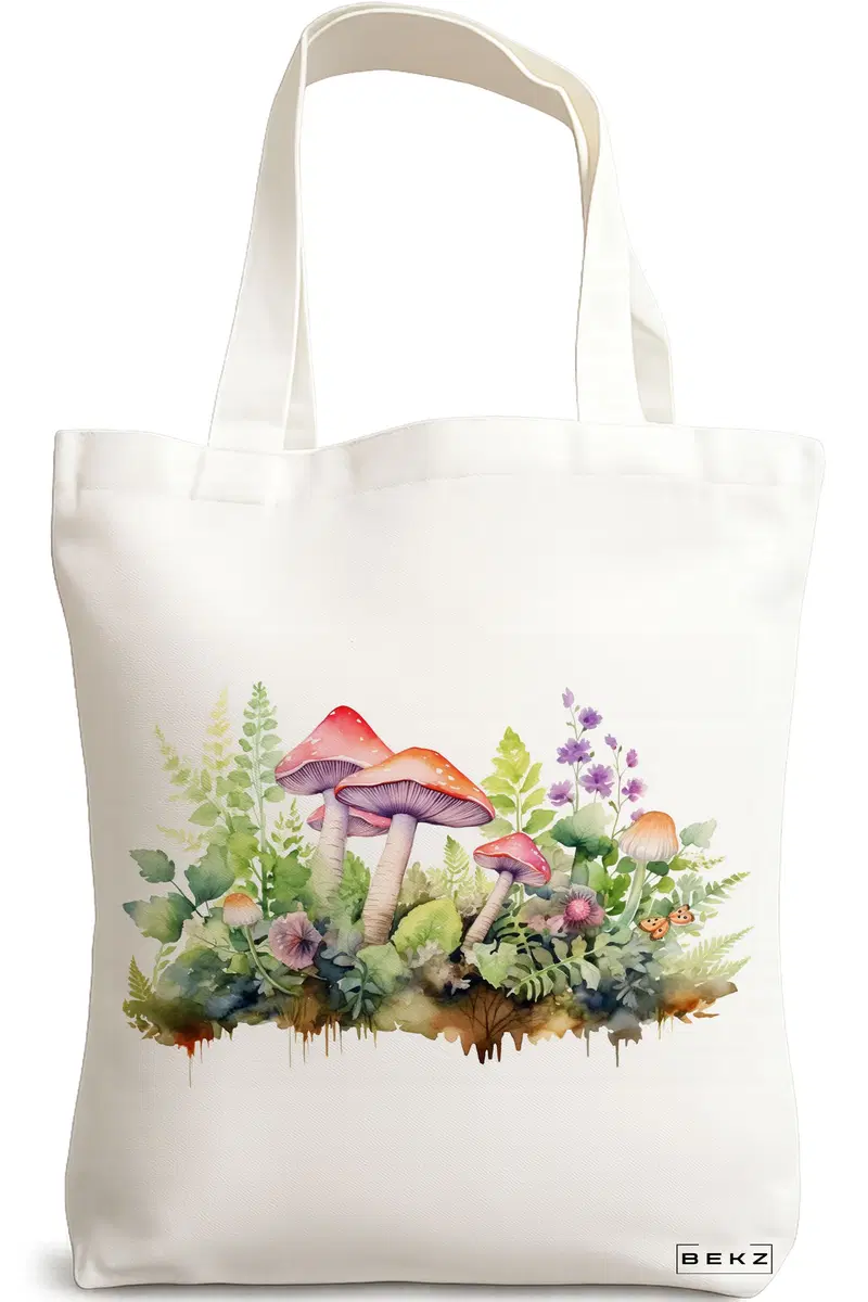 Sacosa Cumparaturi Textila, Geanta Tote Colorful Mushrooms 11, 38x34.5 cm, Alba, BEKZ®