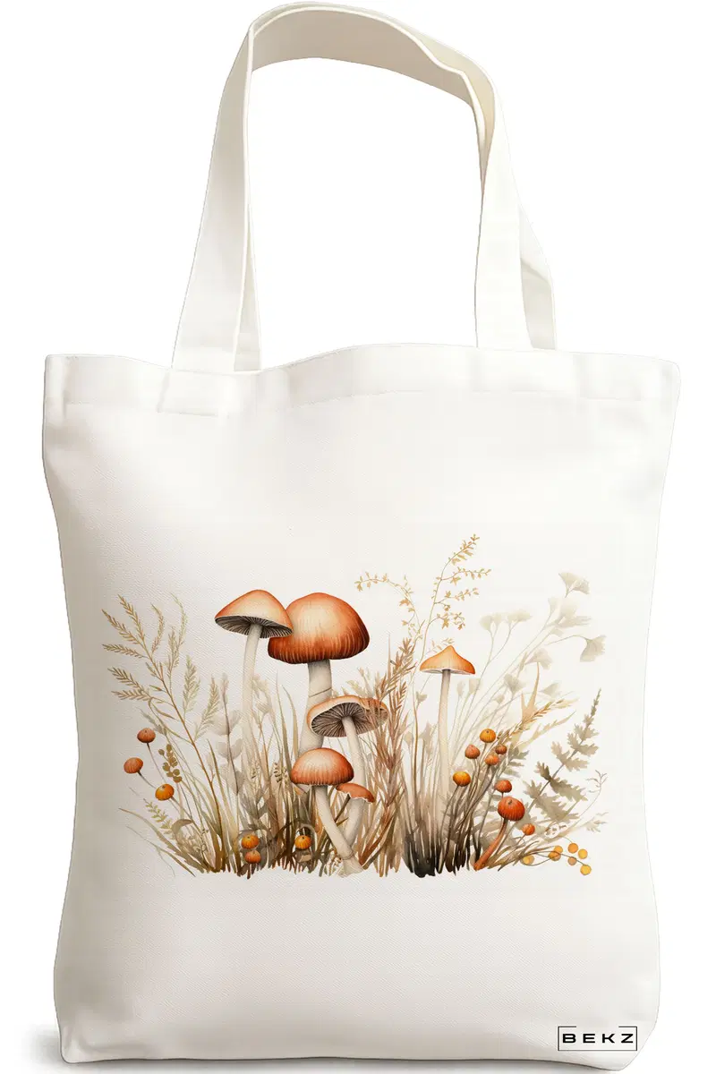 Sacosa Cumparaturi Textila, Geanta Tote Colorful Mushrooms 12, 38x34.5 cm, Alba, BEKZ®