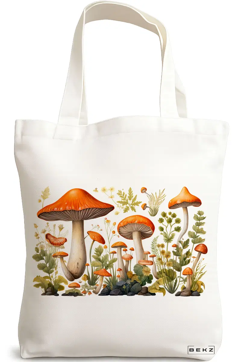 Sacosa Cumparaturi Textila, Geanta Tote Colorful Mushrooms 12, 38x34.5 cm, Alba, BEKZ®