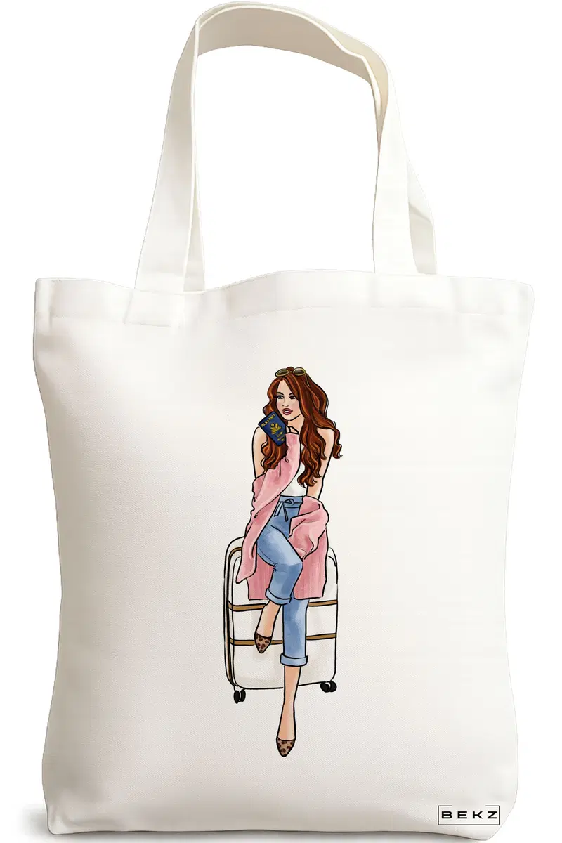 Sacosa Cumparaturi Textila, Geanta Tote Travel Girl, 38x34.5 cm, Alba, BEKZ®