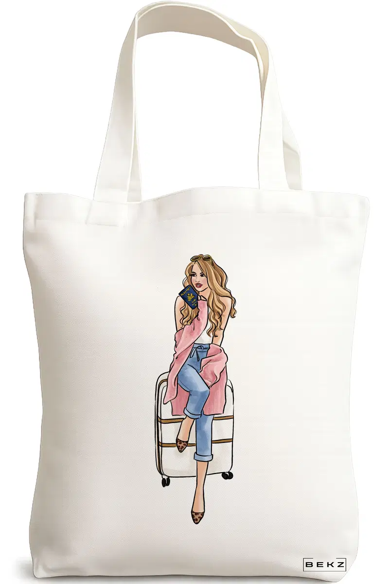 Sacosa Cumparaturi Textila, Geanta Tote Travel Girl 2, 38x34.5 cm, Alba, BEKZ®