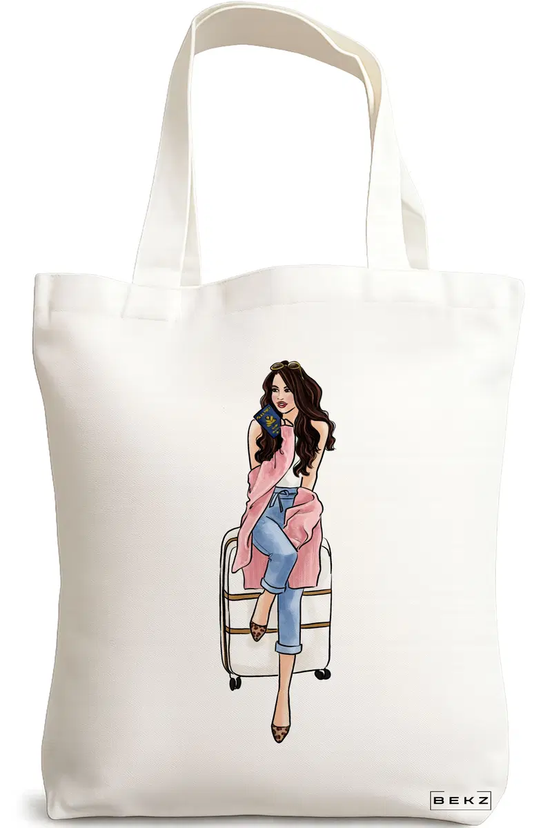 Sacosa Cumparaturi Textila, Geanta Tote Travel Girl 3, 38x34.5 cm, Alba, BEKZ®