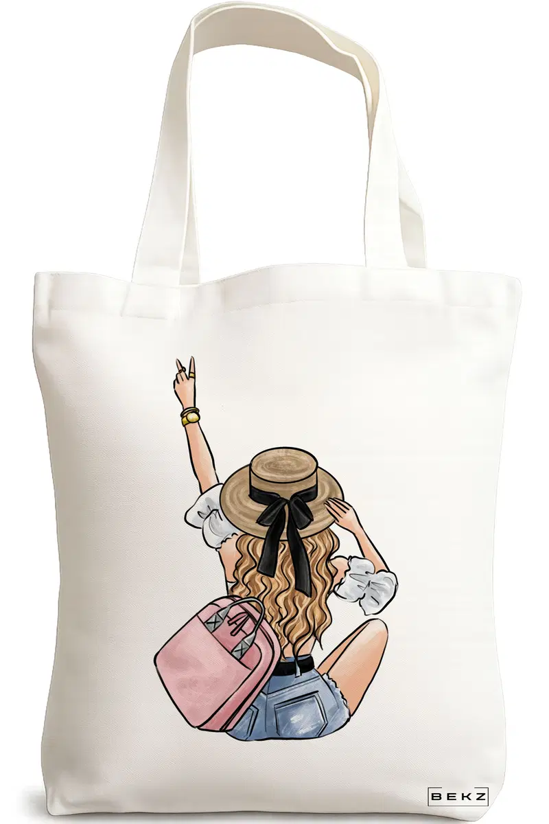 Sacosa Cumparaturi Textila, Geanta Tote Travel Girl 7, 38x34.5 cm, Alba, BEKZ®