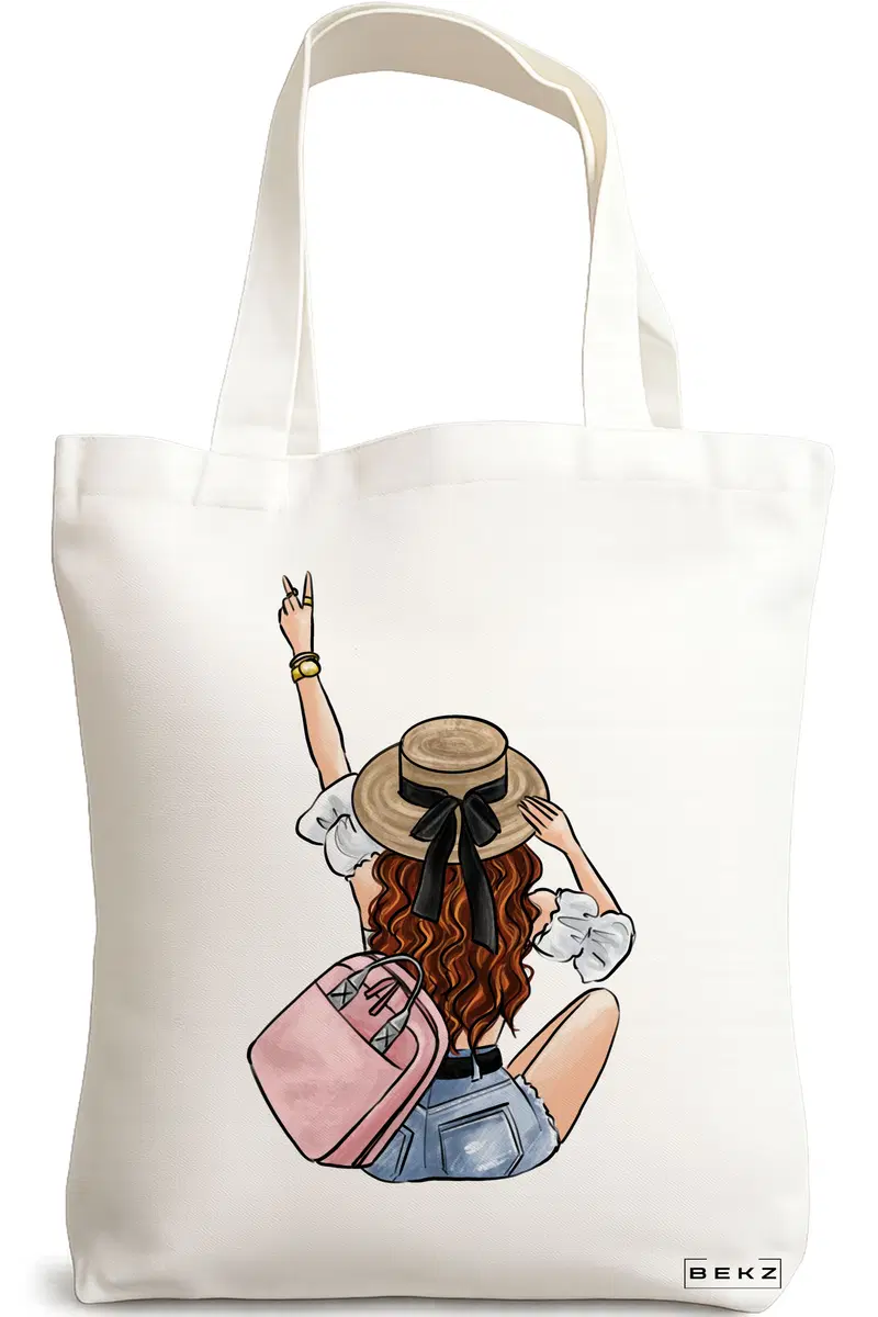 Sacosa Cumparaturi Textila, Geanta Tote Travel Girl 8, 38x34.5 cm, Alba, BEKZ®