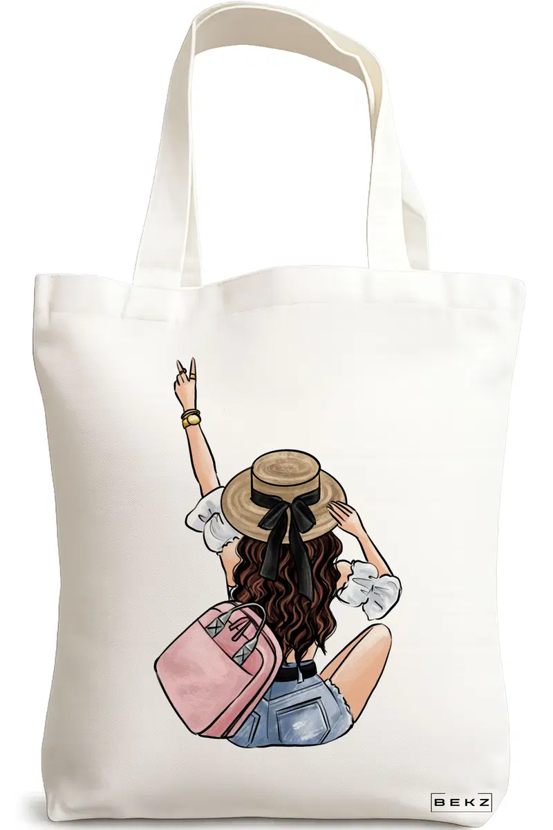 Sacosa Cumparaturi Textila, Geanta Tote Travel Girl 9, 38x34.5 cm, Alba, BEKZ®