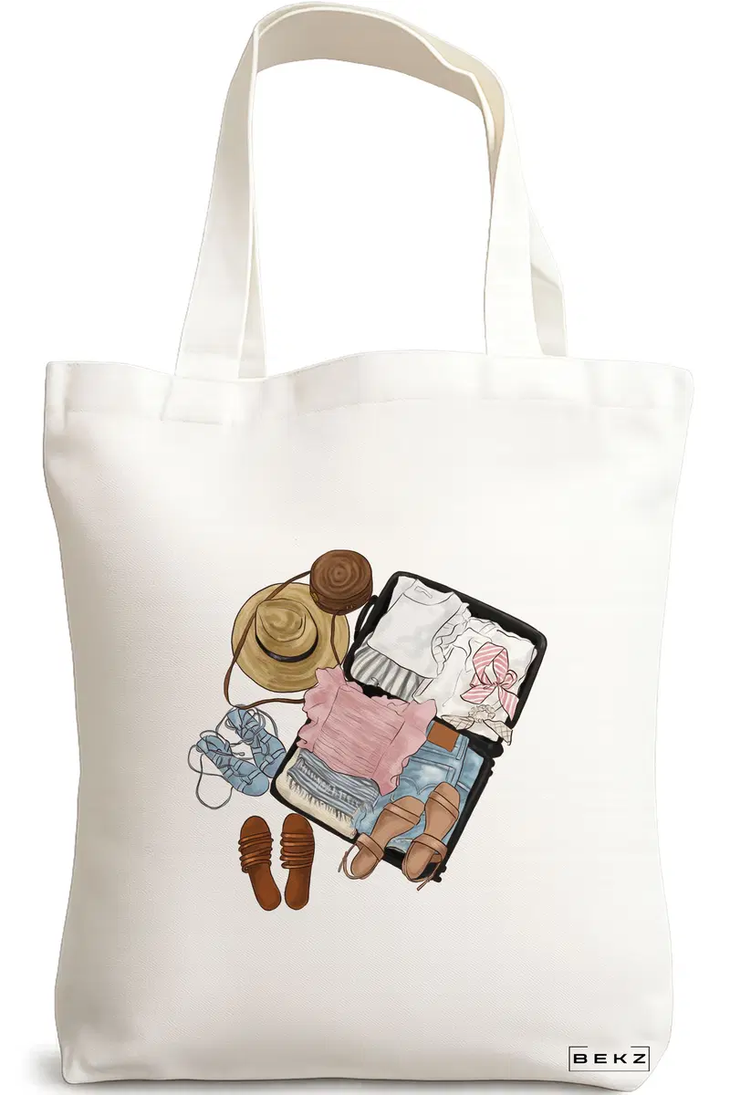 Sacosa Cumparaturi Textila, Geanta Tote Travel Girl 10, 38x34.5 cm, Alba, BEKZ®