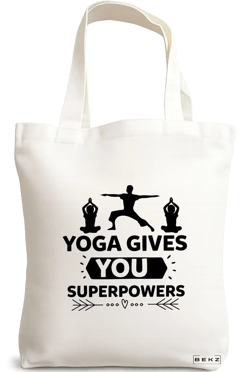 Sacosa Cumparaturi Textila, Geanta Tote Yoga gives you super powers, 38x34.5 cm, Alba, BEKZ®