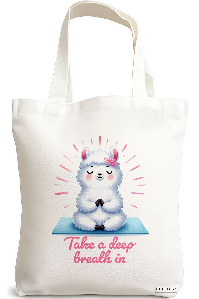 Sacosa Cumparaturi Textila, Geanta Tote Yoga Take a deep breath in, 38x34.5 cm, Alba, BEKZ®