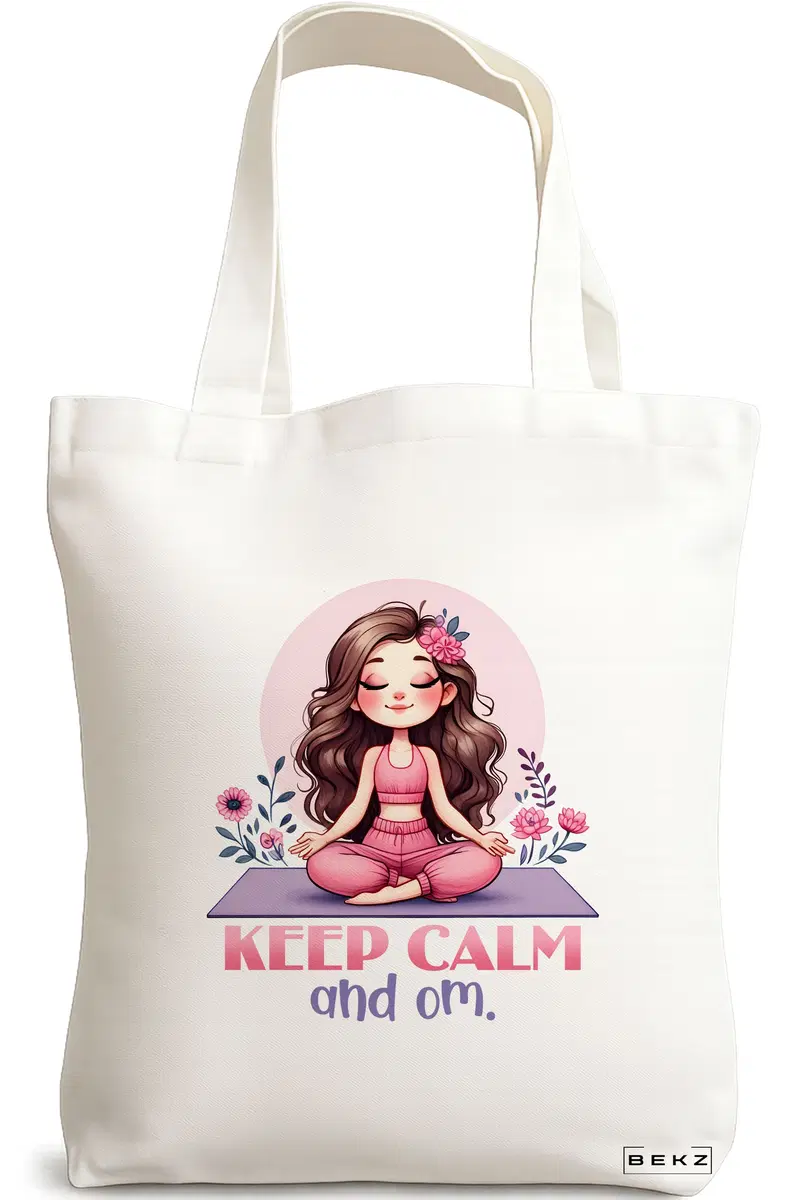 Sacosa Cumparaturi Textila, Geanta Tote Yoga Keep calm and Om, 38x34.5 cm, Alba, BEKZ®