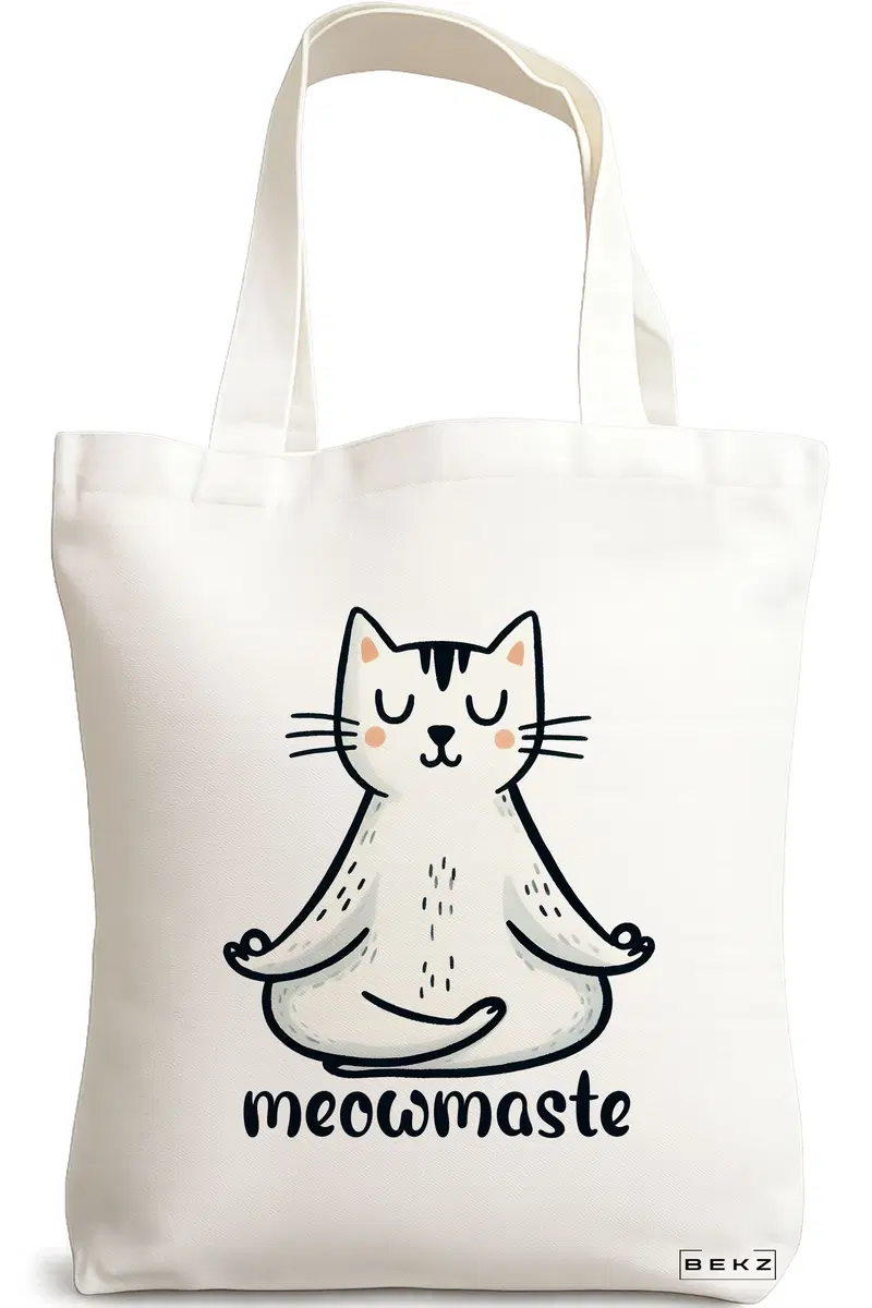 Sacosa Cumparaturi Textila, Geanta Tote Yoga Meowmaste, 38x34.5 cm, Alba, BEKZ®