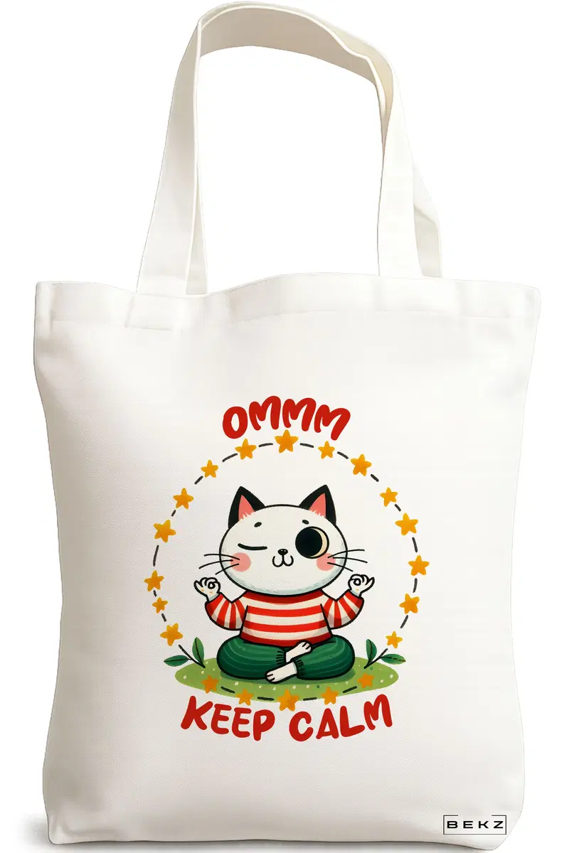Sacosa Cumparaturi Textila, Geanta Tote Yoga Ommm Keep Calm, 38x34.5 cm, Alba, BEKZ®