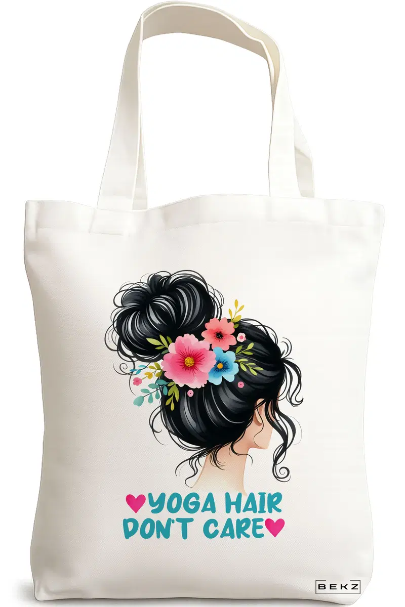 Sacosa Cumparaturi Textila, Geanta Tote Yoga Hair don't care, 38x34.5 cm, Alba, BEKZ®