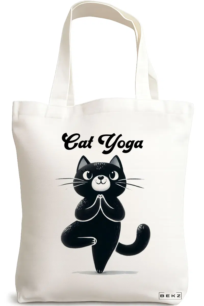 Sacosa Cumparaturi Textila, Geanta Tote Yoga Cat, 38x34.5 cm, Alba, BEKZ®